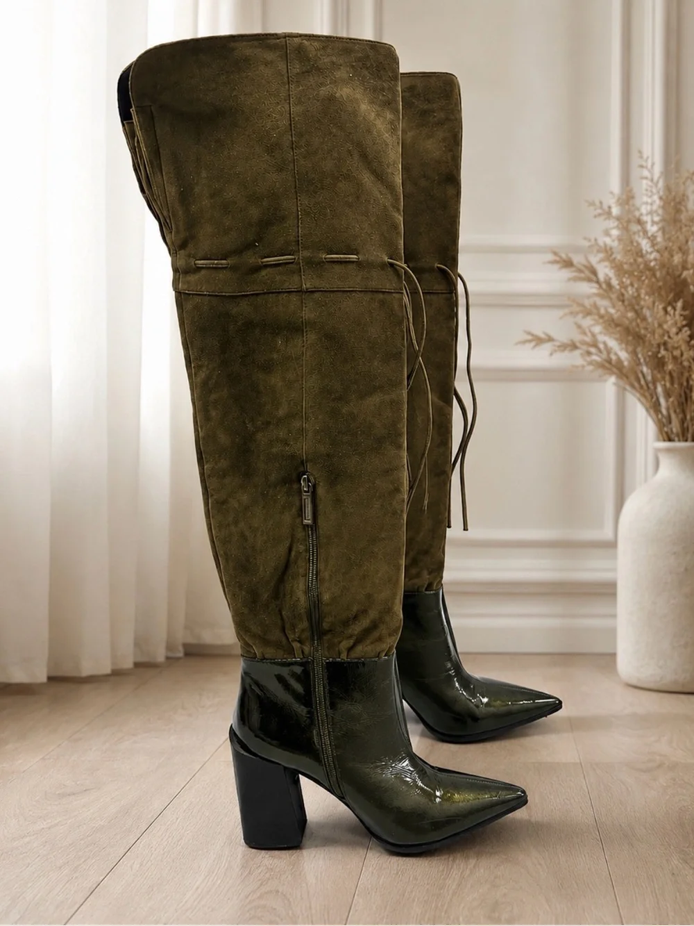 Graciana Women’s Over Knee Boots Olive Suede Patent Leather EU 40 US 9.5